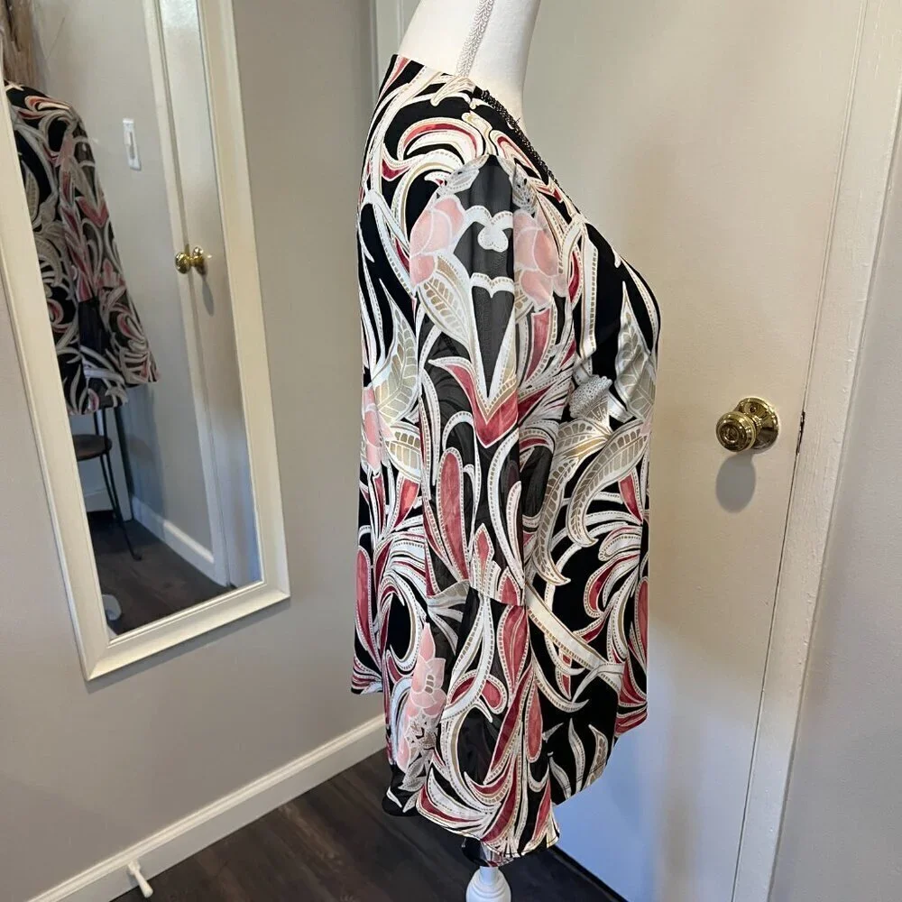 JM Collection Embellished Y-neck tunic with bell sleeves, Size Medium